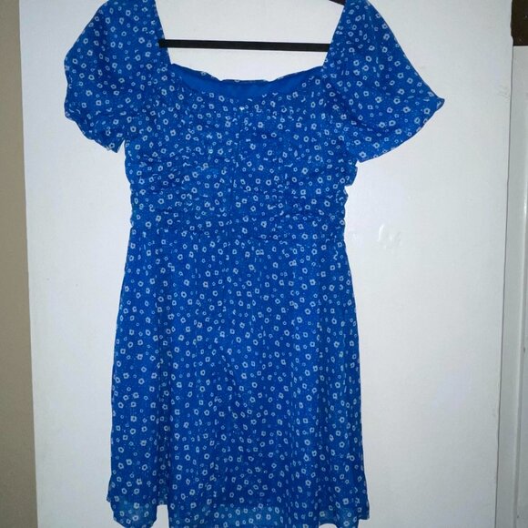 Crystal Doll Blue White Floral Minidress Off the Shoulder Short Sleeves Size L - Picture 3 of 8
